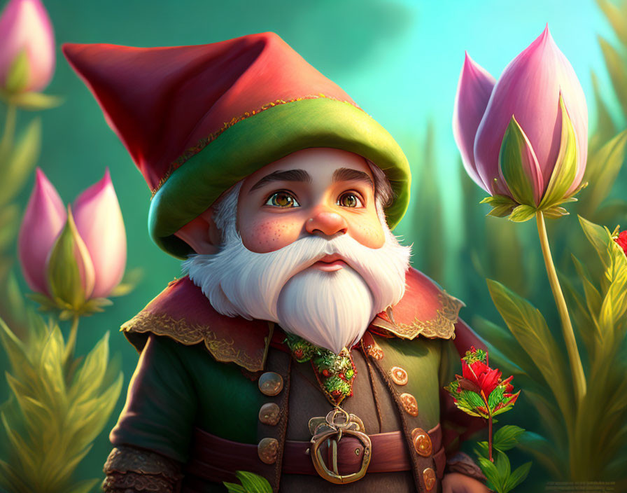 Illustrated gnome with white beard in red hat and green jacket among pink tulips