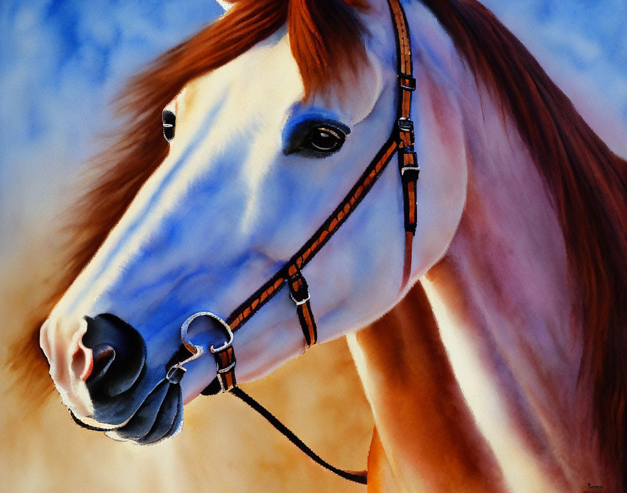 Realistic brown horse painting with white blaze and detailed harness