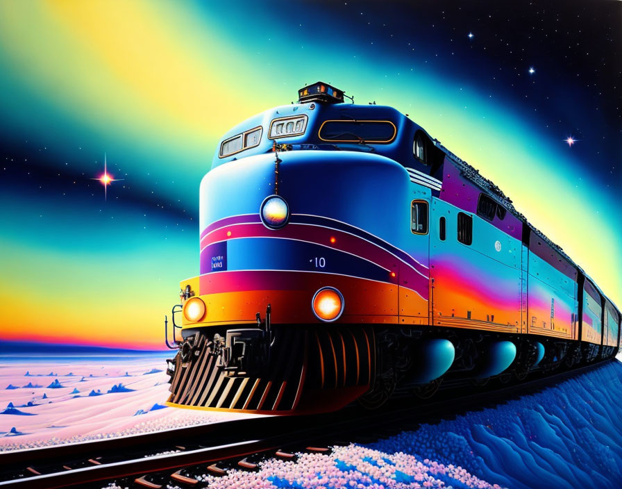 Colorful illustration: classic train on tracks at dusk with starry sky & sunset gradient.