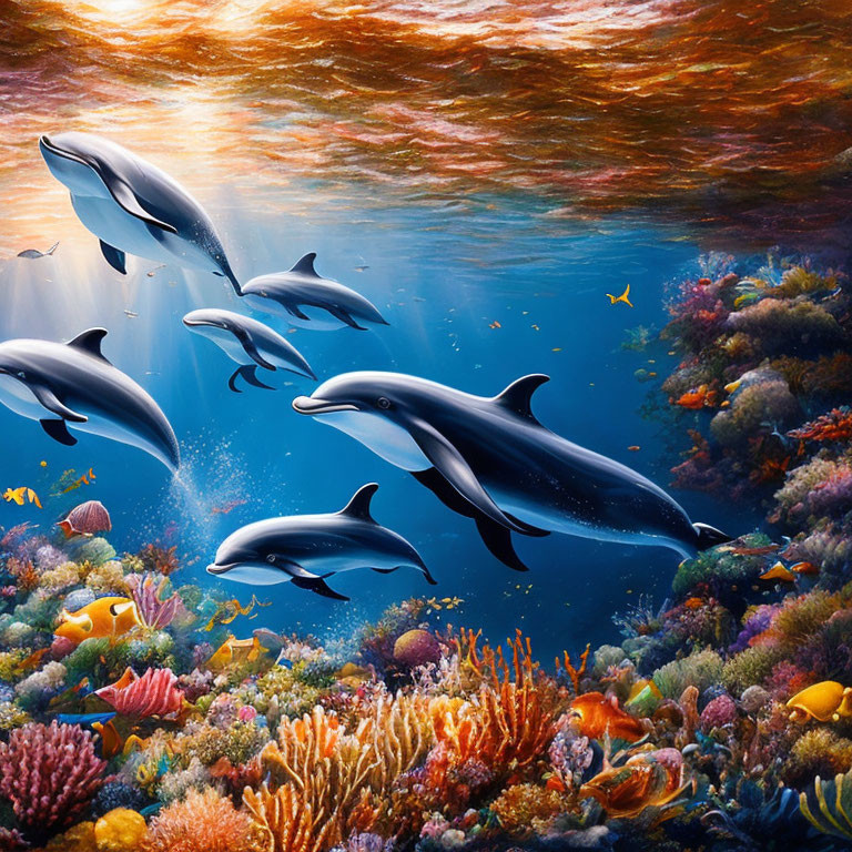 Dolphins Swimming Near Colorful Coral Reefs at Sunset