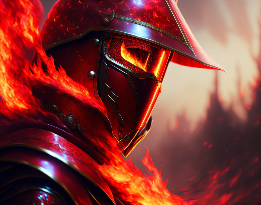 Fiery warrior in crimson armor against blazing flames