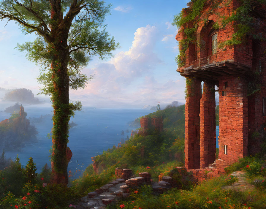 Tranquil landscape with ivy-covered tower, misty lake, cliffs, and lush greenery