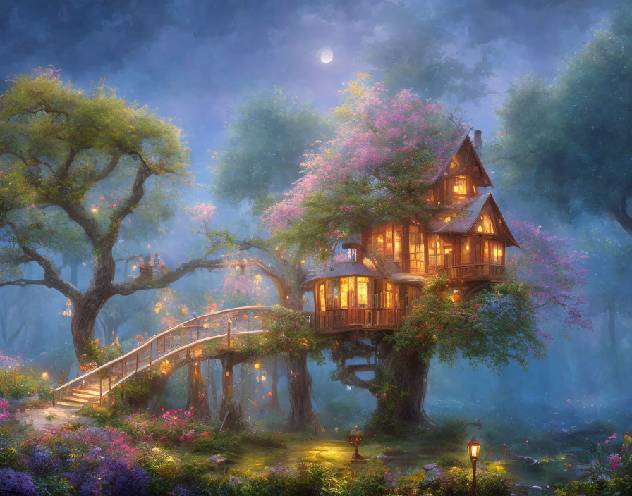 Glowing treehouse in blooming forest under moonlit sky