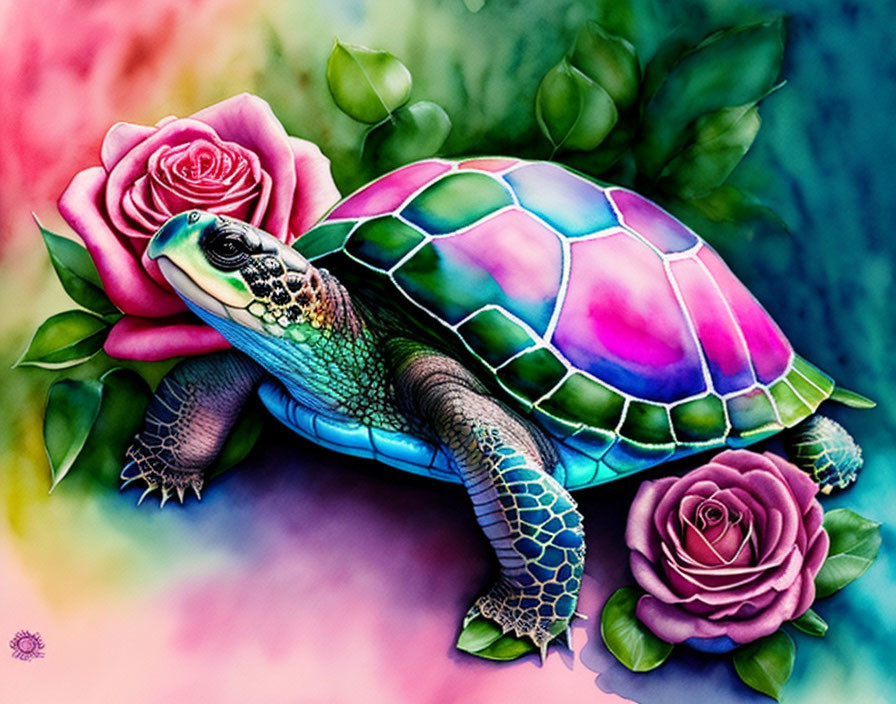 Colorful Turtle with Multi-Colored Shell Surrounded by Pink Roses on Pastel Background