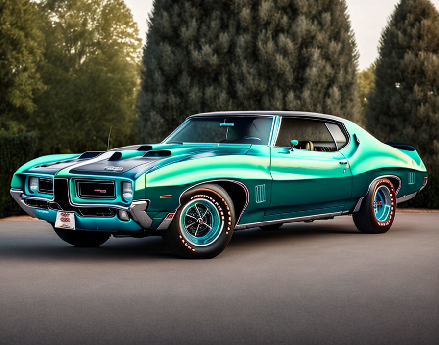 Shiny teal classic muscle car with white stripes and chrome accents parked on asphalt road