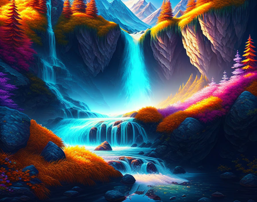 Colorful digital artwork of mystical waterfall and neon flora against mountain backdrop at dusk