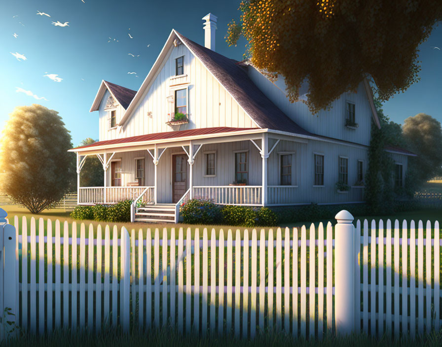 White two-story house with front porch and picket fence at sunset