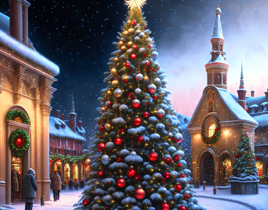 Festively decorated Christmas tree in snowy town square at night