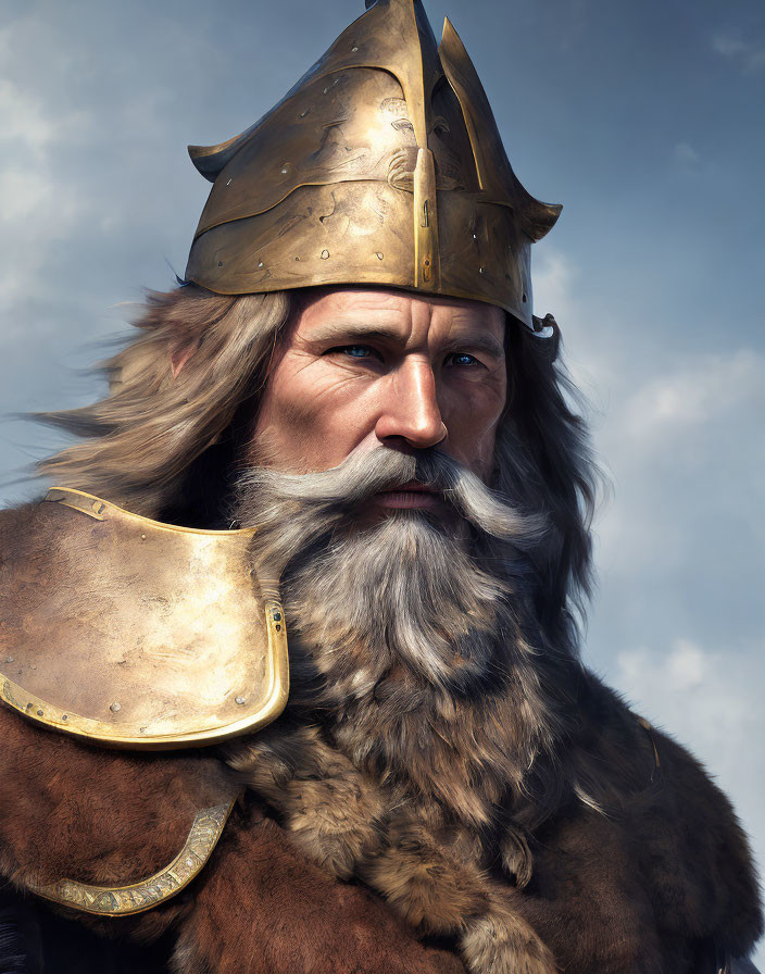 Regal warrior with golden helm and fur mantle on cloudy sky background