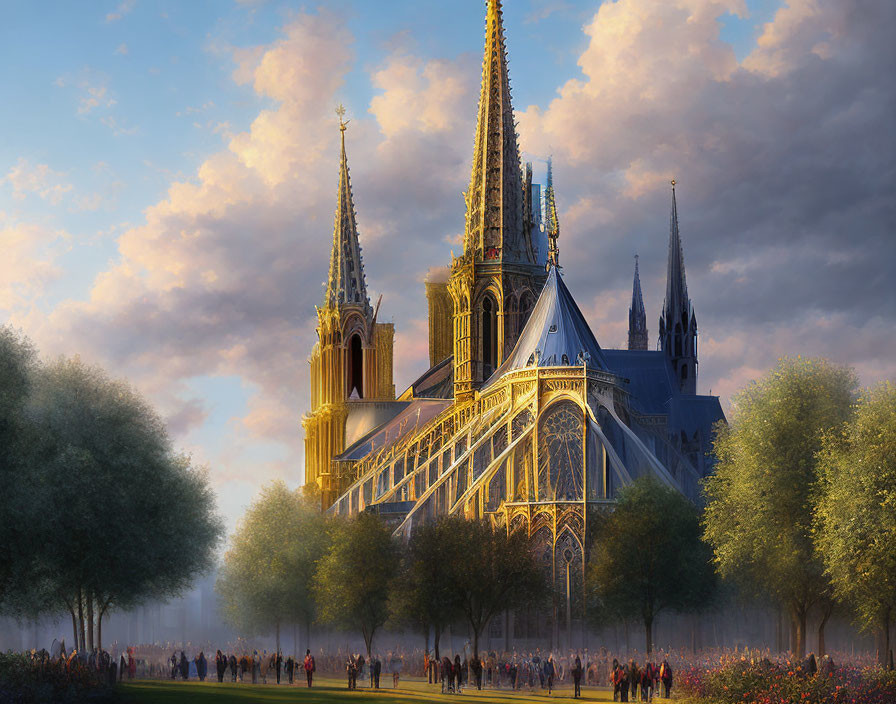 Gothic cathedral illustration at sunset with people and lush greenery