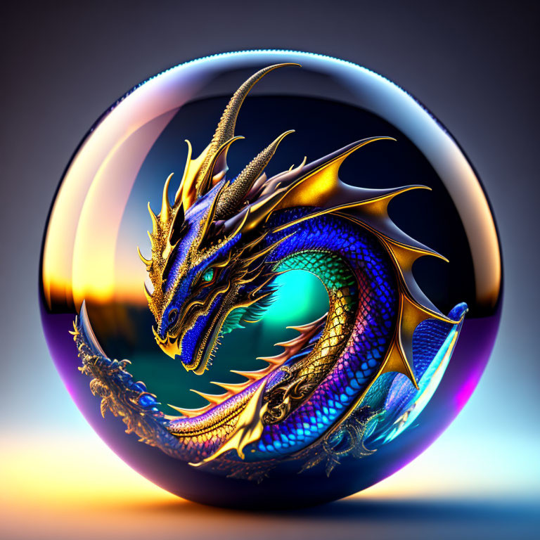 Metallic dragon in glossy orb on gradient background