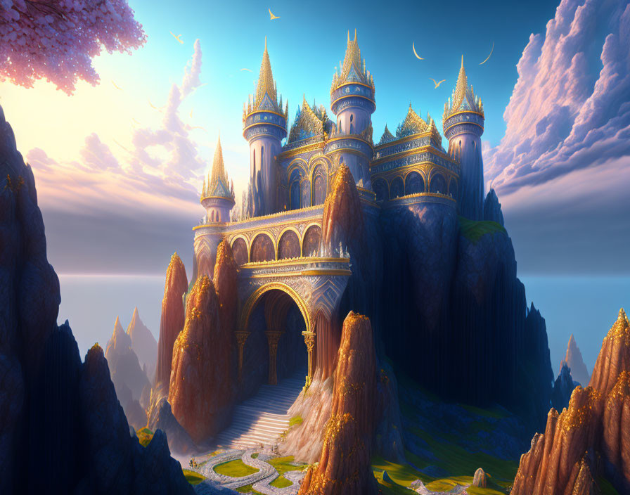 Fantasy castle on cliffs with towers and grand staircase at sunrise