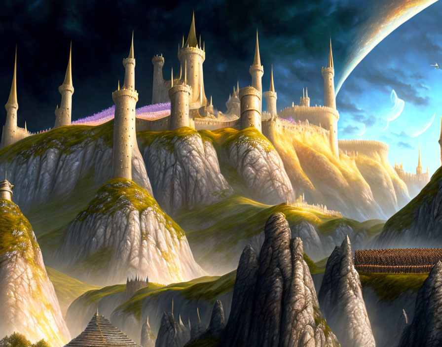 Fantasy castle with spires on rocky hill under moonlit sky