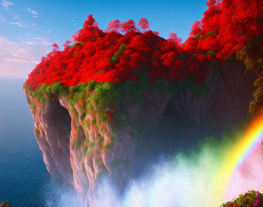 Vibrant red foliage cliff above misty sea with rainbow, birds in blue sky