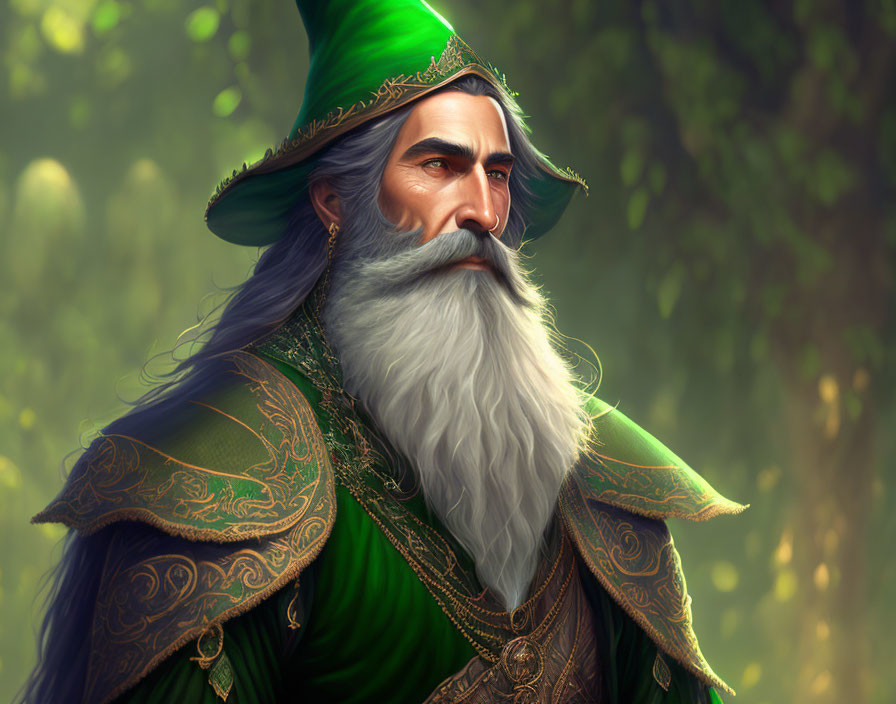 Illustrated wise wizard in green robe and hat against forest backdrop