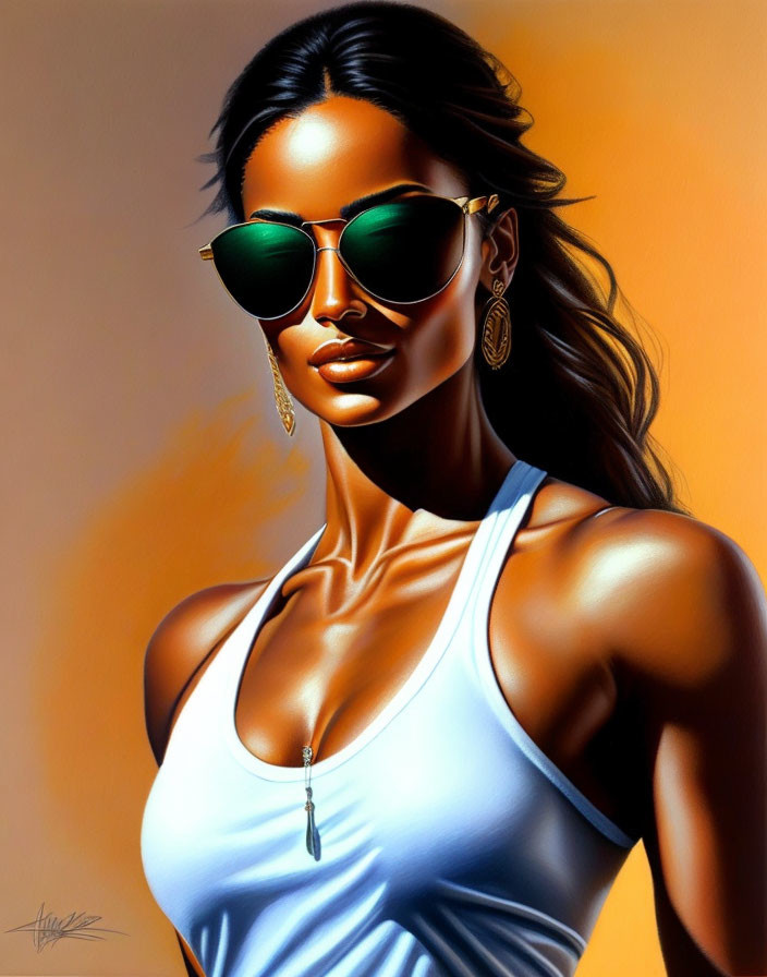 Illustration of woman in white tank top, green sunglasses, and hoop earrings on orange backdrop