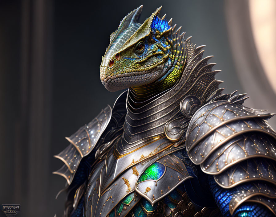 Detailed anthropomorphic dragon in ornate metallic armor with gemstone embellishments