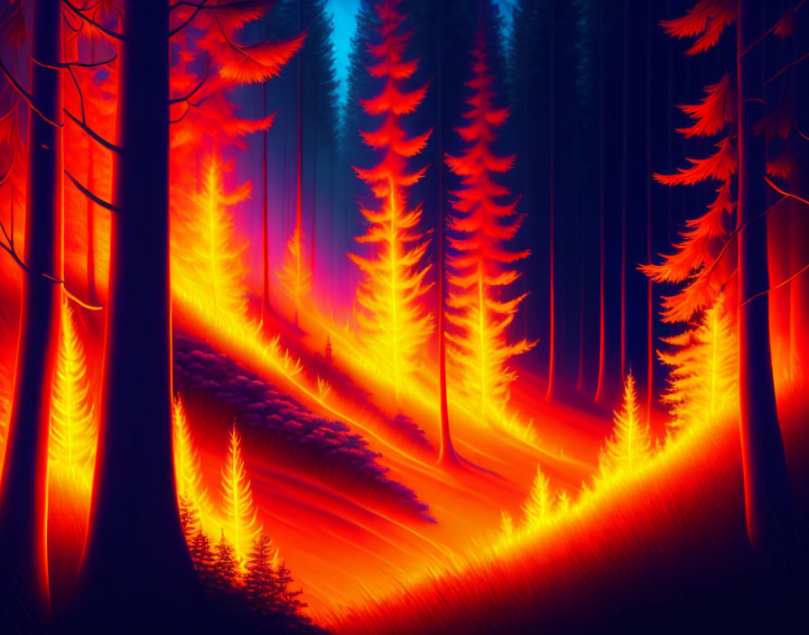 Vibrant digital art forest scene with fiery neon lights and deep shadows