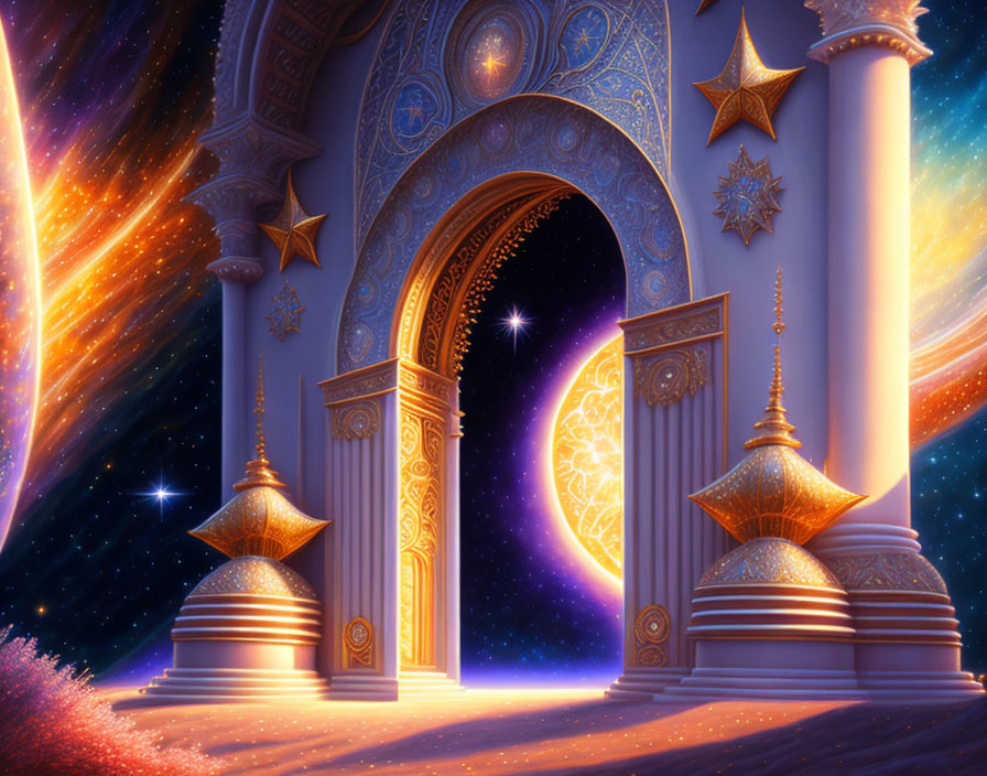 Ornate illuminated arched doorway leading to cosmic stars and celestial towers