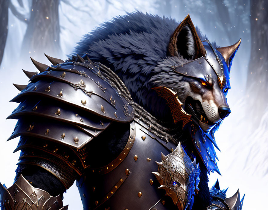 Detailed Illustration: Anthropomorphic Wolf Warrior in Ornate Black Armor with Blue Accents in Snowy
