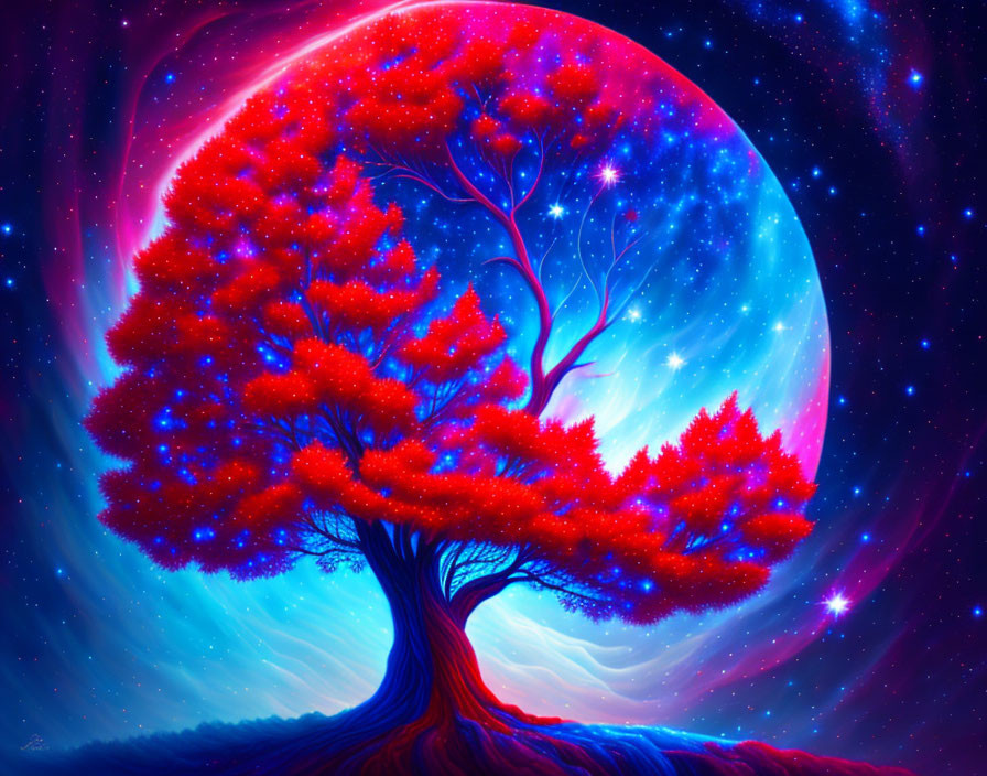 Majestic red tree under luminous moon in starry sky