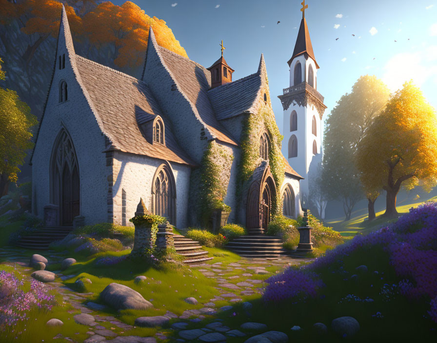 Stone church with twin spires surrounded by vibrant foliage and purple flowers in warm sunlight