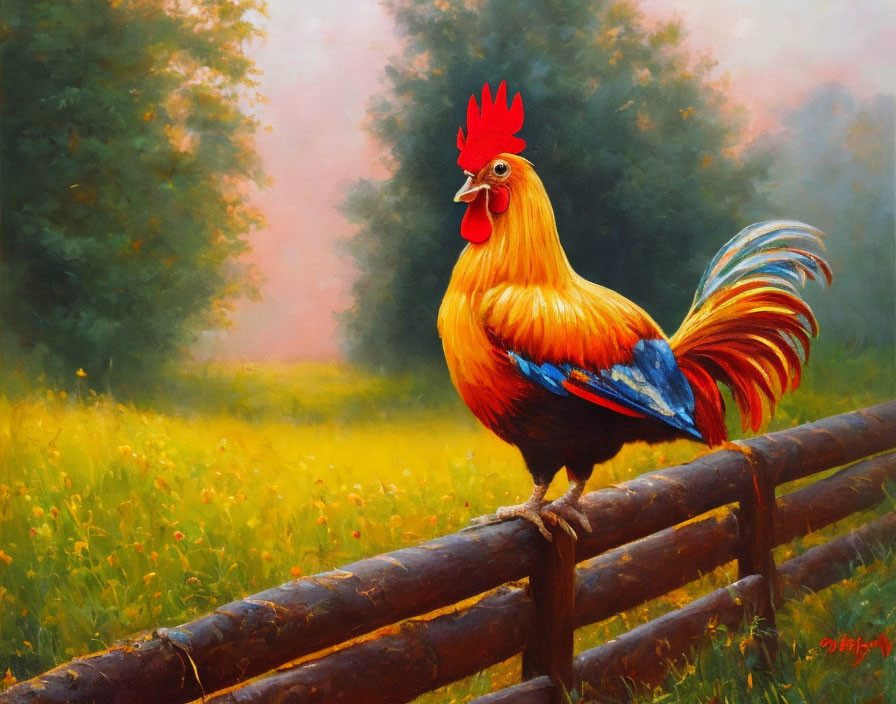 Colorful Rooster Perched on Wooden Fence in Lush Green Meadow