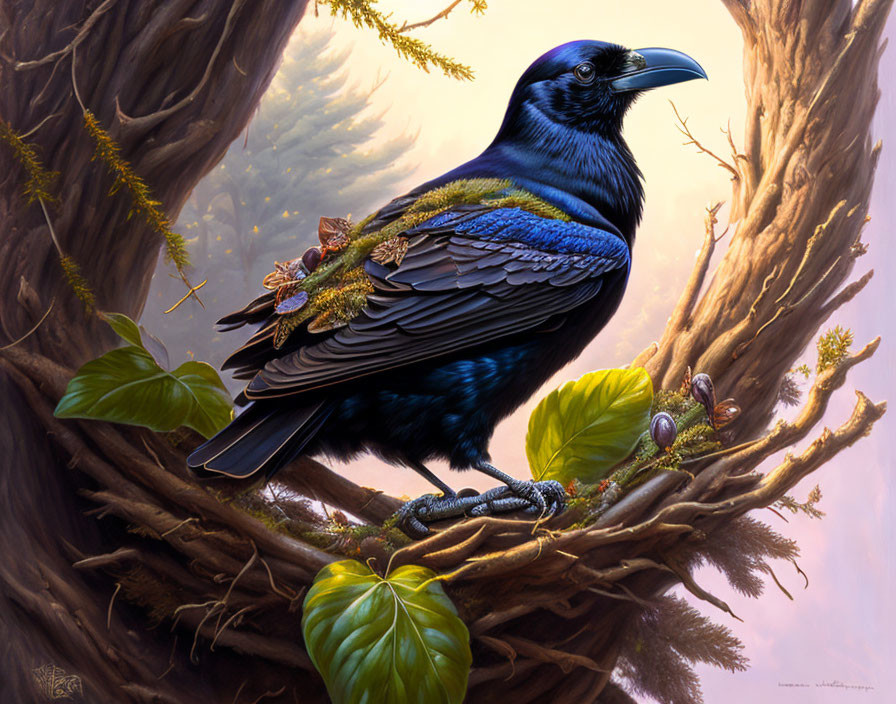 Detailed illustration: Raven on nest in wooded setting with sunlight filtering.