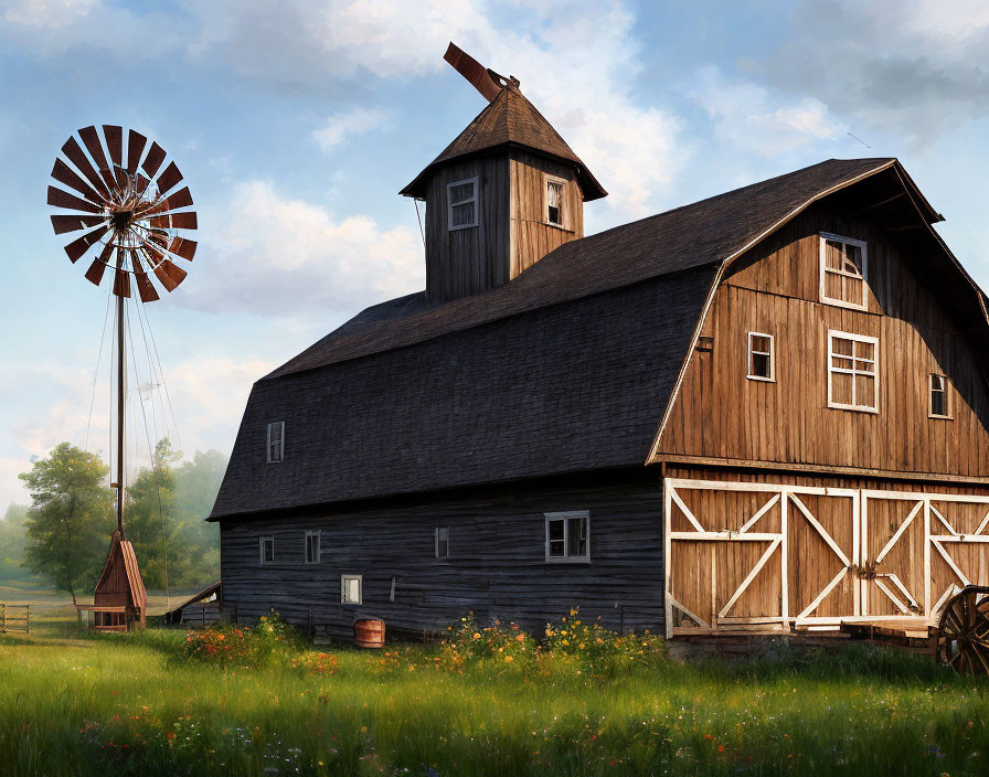 Rustic wooden barn with red windmill in serene greenery setting