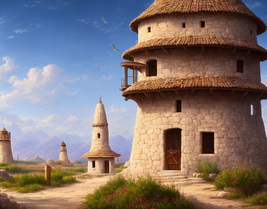 Illustration of stone tower with conical roof in mountain landscape