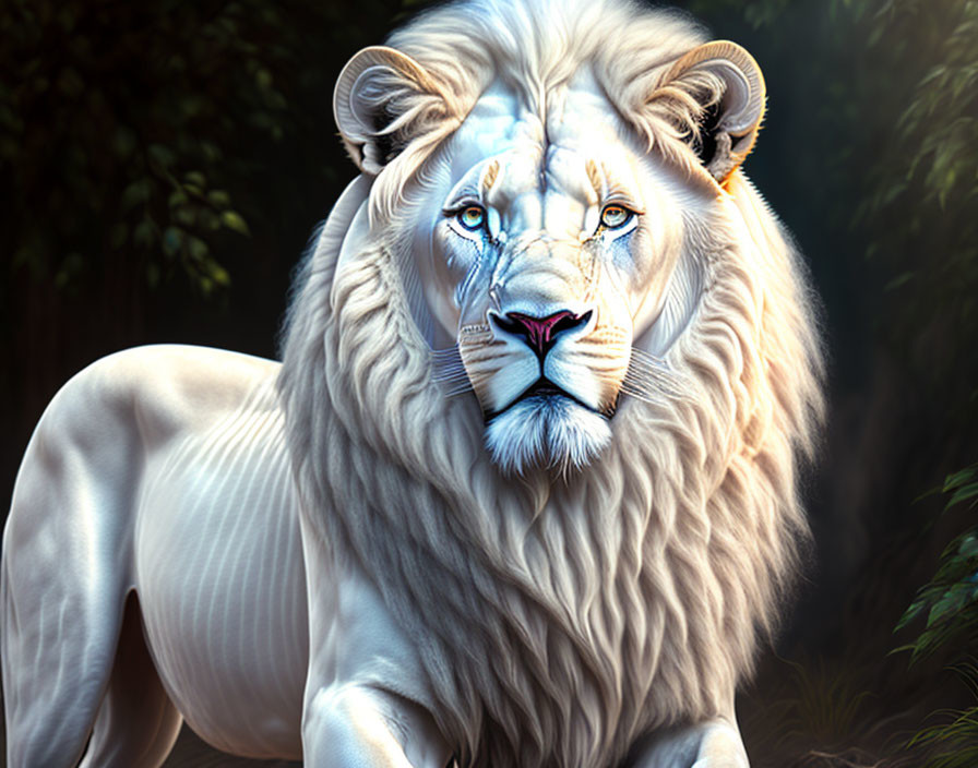 White lion with blue eyes in forest setting