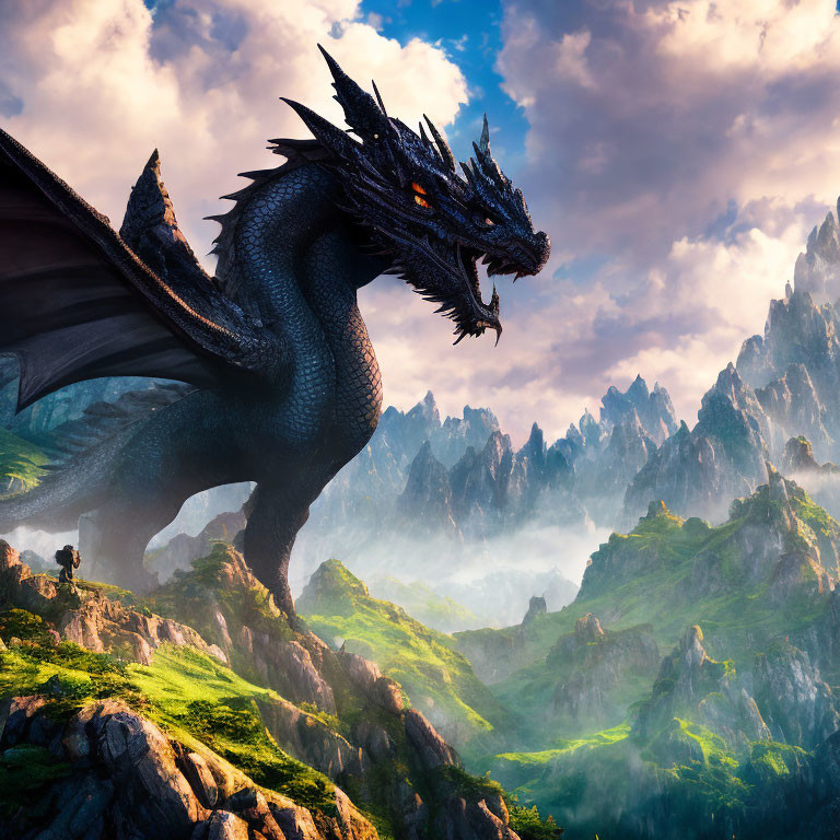 Black dragon perched on rocky outcrop in misty mountain landscape