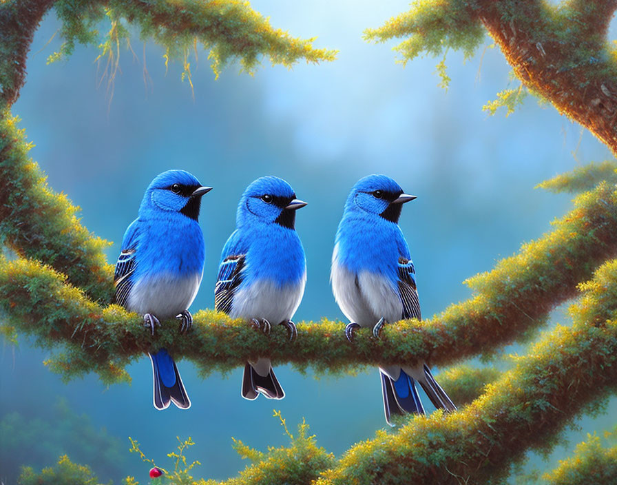 Four Vibrant Blue Birds Perched in Serene Forest Setting