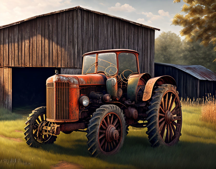 Rusty Vintage Tractor and Wooden Barn in Greenery