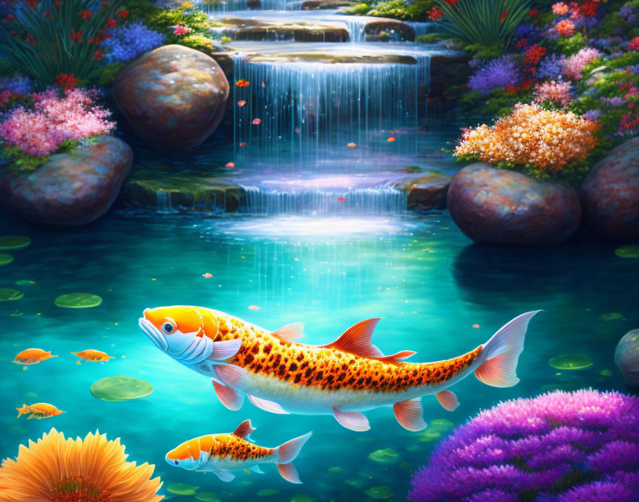 Colorful digital artwork of koi fish in flower-lined pond