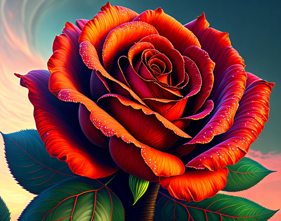 Detailed Illustration: Red Rose with Dewdrops on Petals on Soft-focus Background