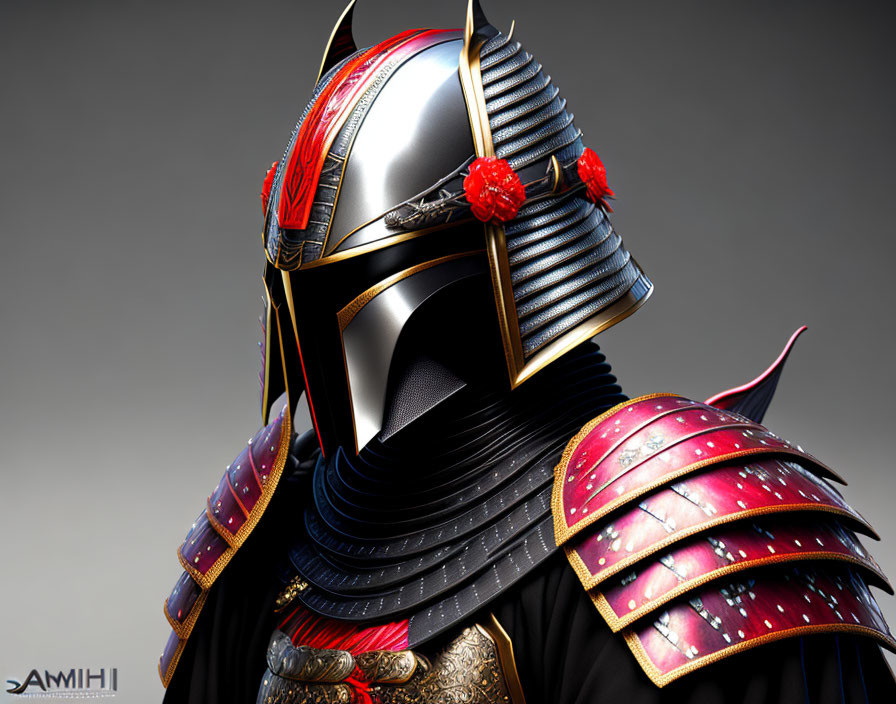 Detailed 3D-rendered samurai helmet and armor with gold patterns, red accents, and gradient