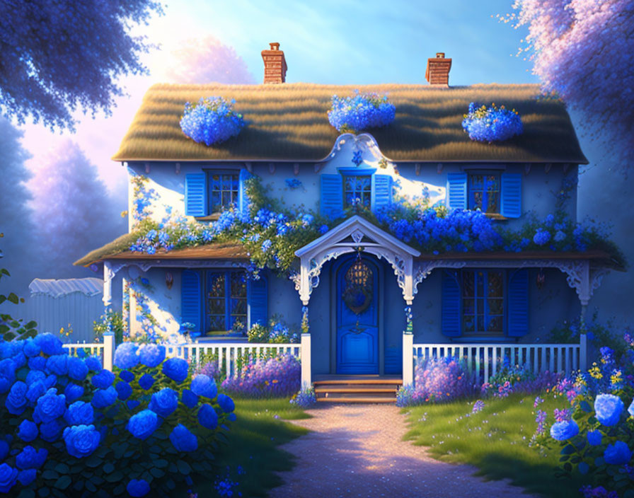 Blue two-story house with hydrangea garden and white trim at twilight