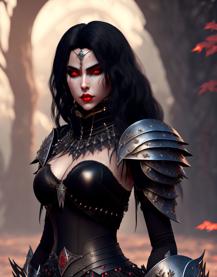 Gothic fantasy character in black armor with red eyes and face markings