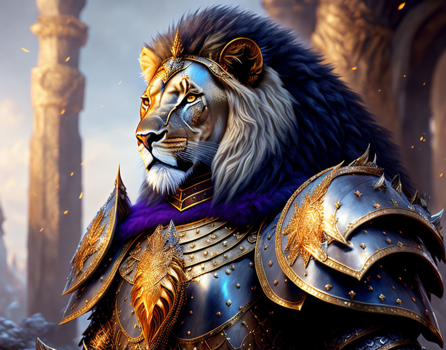 Regal lion in knight's armor against ancient ruin backdrop