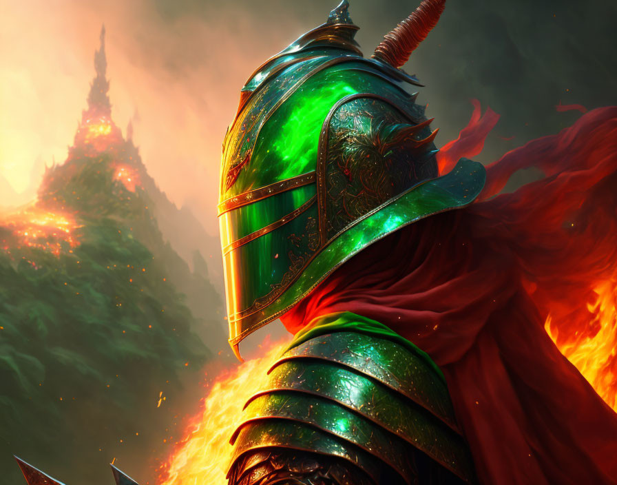 Ornate Green Armored Knight Staring at Fiery Landscape