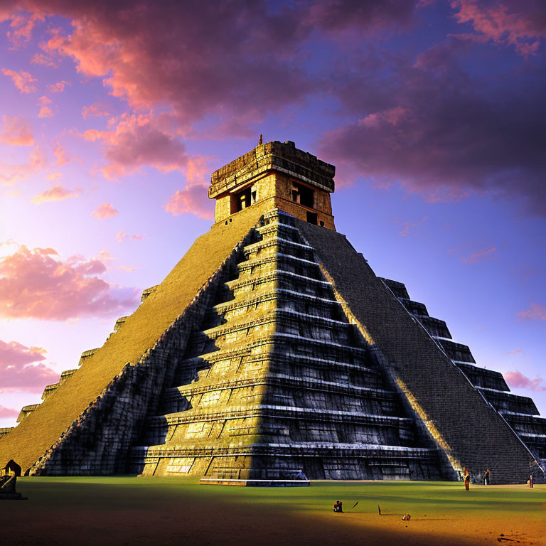 Ancient El Castillo pyramid at Chichen Itza against vibrant sunset sky.