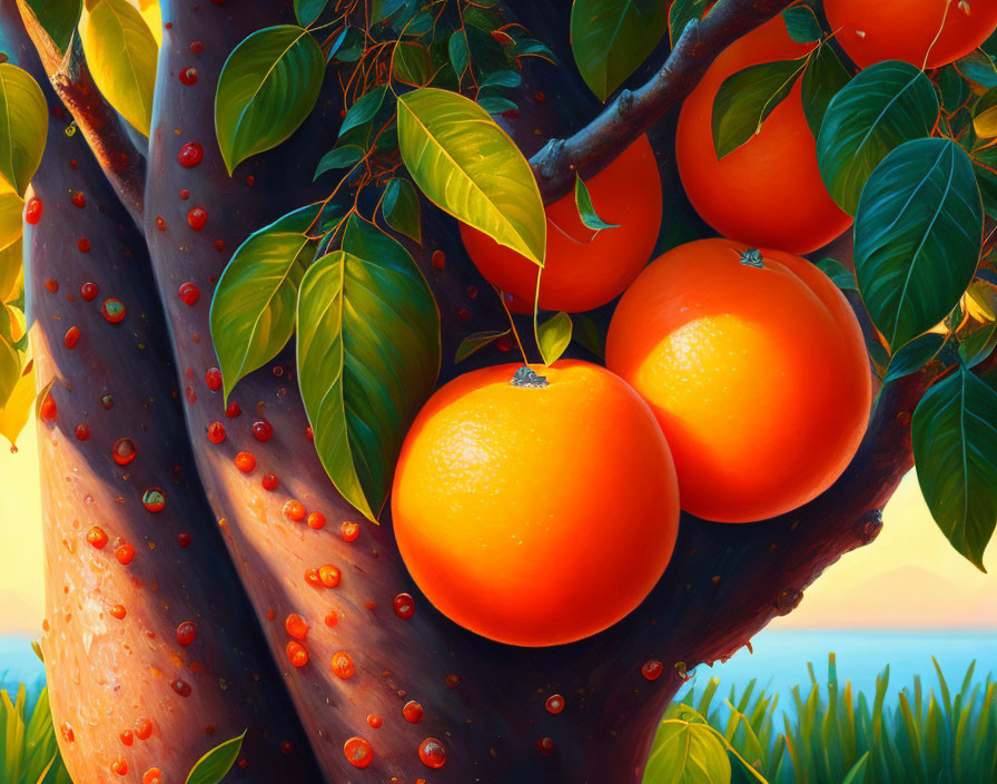 Ripe oranges on tree with lush leaves in warm sunset lighting