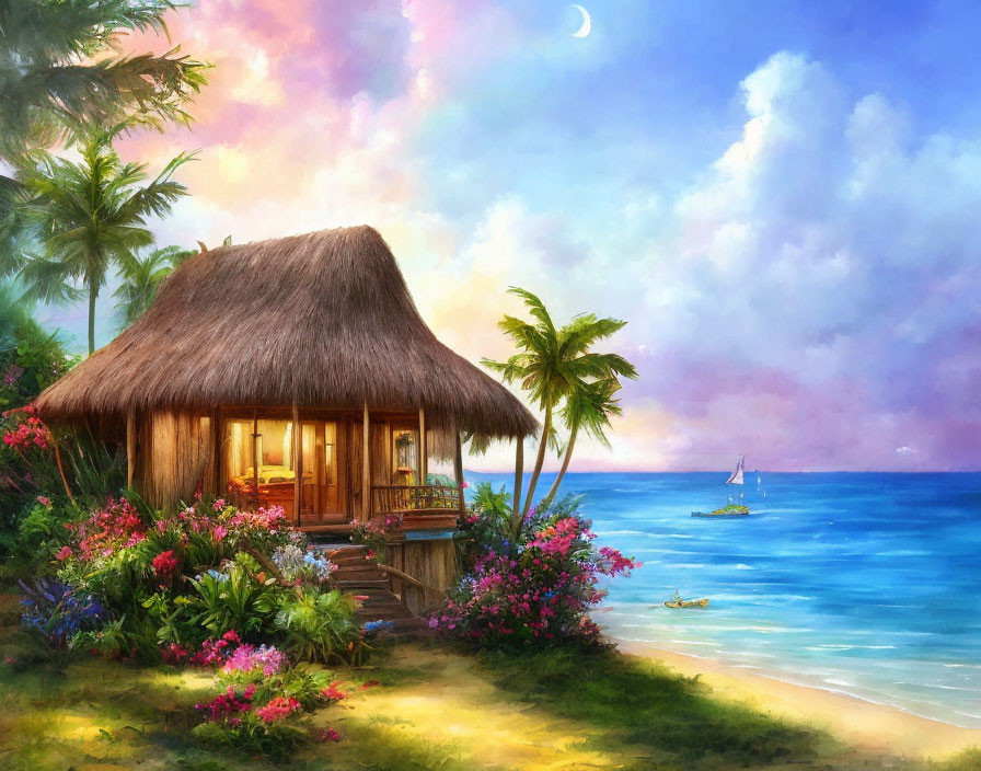 Tranquil beach scene with thatched-roof hut, flowers, sailboat, and crescent