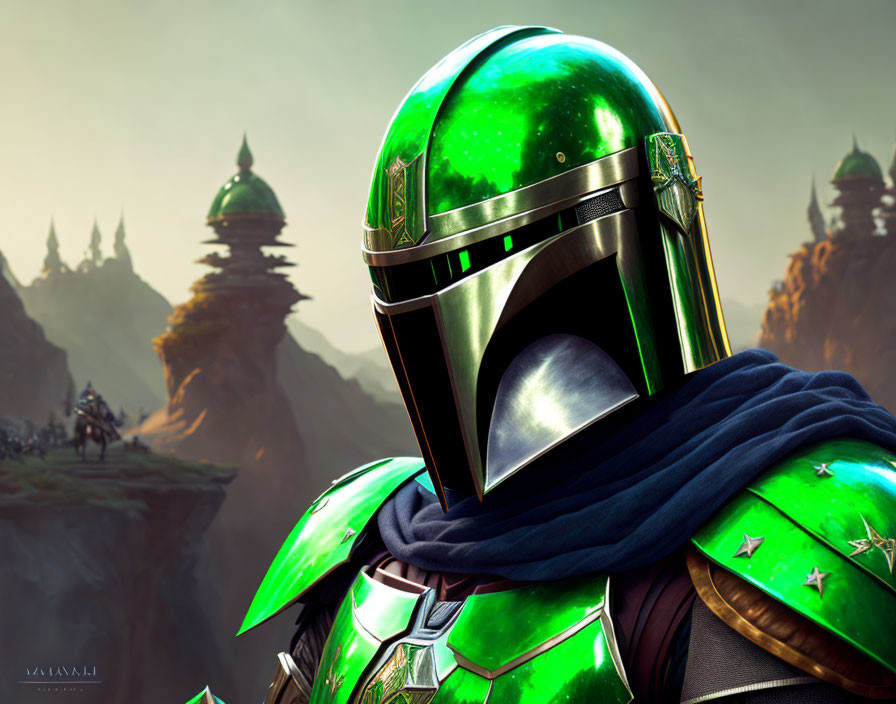 Futuristic character in green armor with reflective visor against misty mountain backdrop
