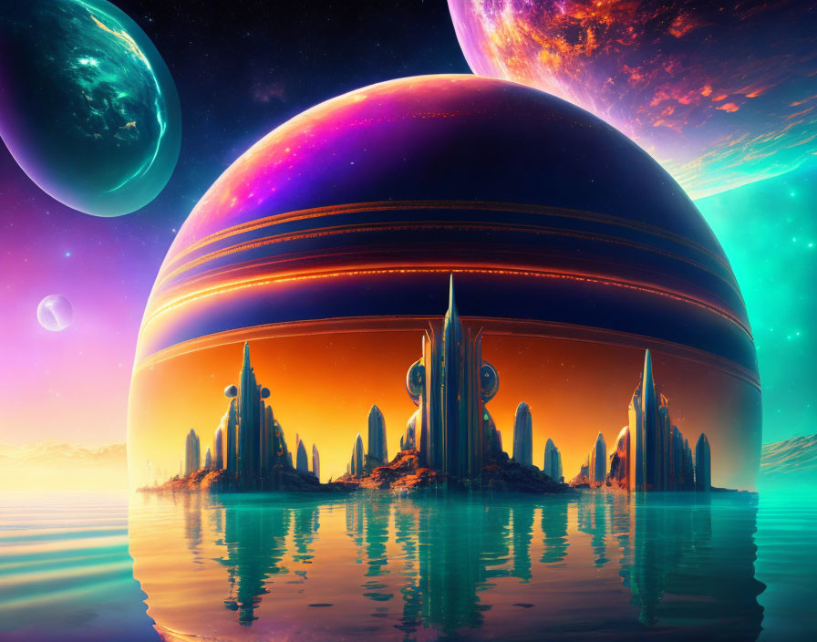 Futuristic sci-fi landscape with celestial bodies, ocean, and structures