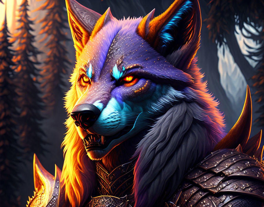 Anthropomorphic wolf in ornate armor against dark forest