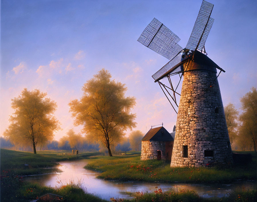 Traditional stone windmill in serene dawn landscape by river with lush trees