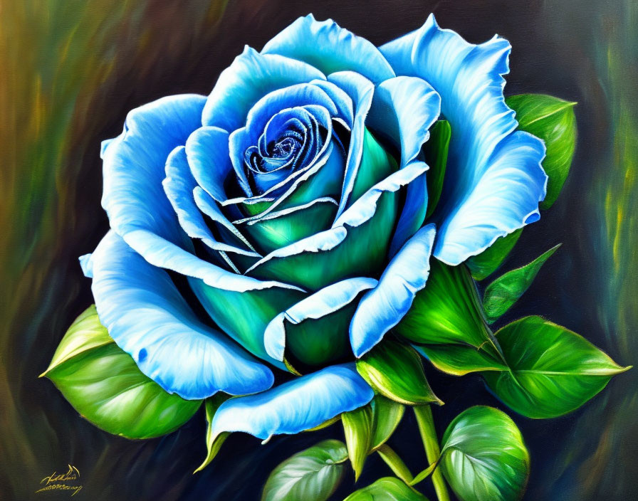 Blue Rose Painting with Detailed Petals on Dark Background