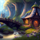Whimsical cottage by stream in enchanted forest scene